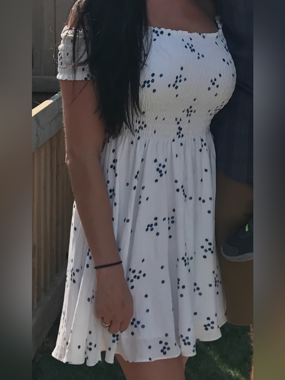 White Smocked Dress with Blue Dot Print